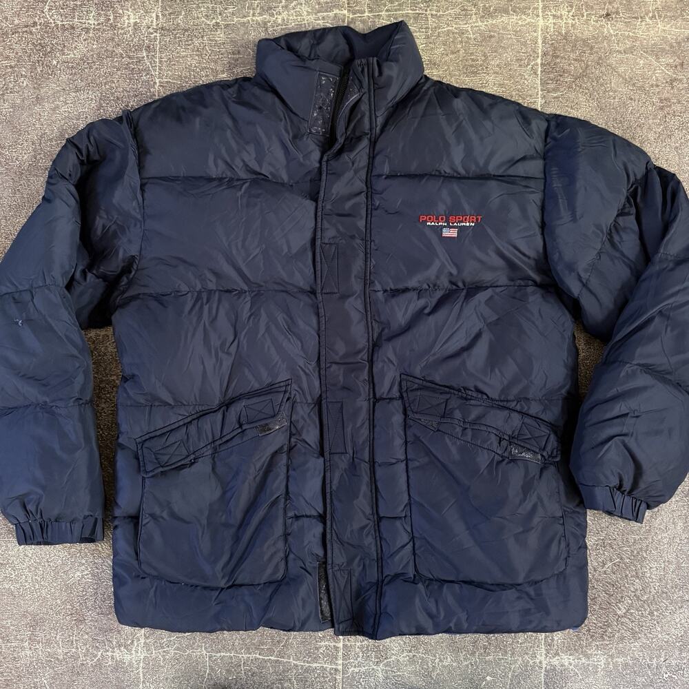 Men's Vintage Y2K Polo Sport Ralph Lauren Navy Blue Down Puffer Coat Jacket Sz M